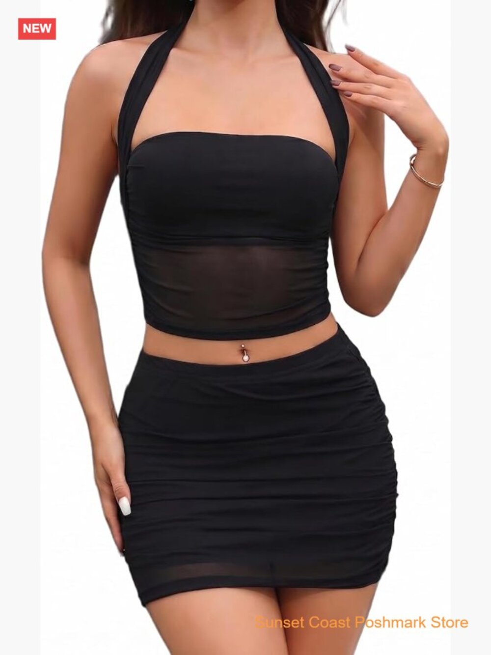 Two Piece Skirt Set Halter Crop Top Matching Bodycon Mini Skirt